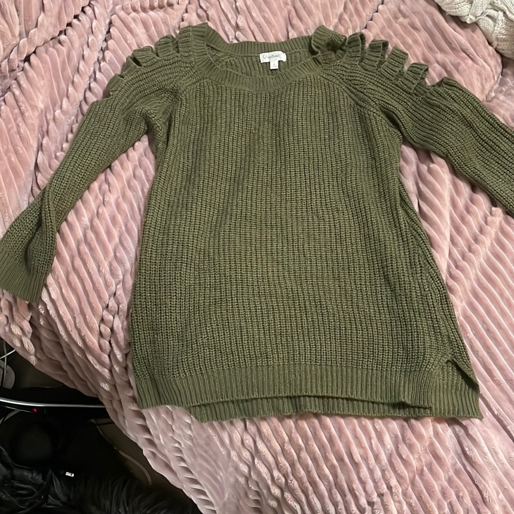 Olive green sweater dress/tunic with shoulder cut outs